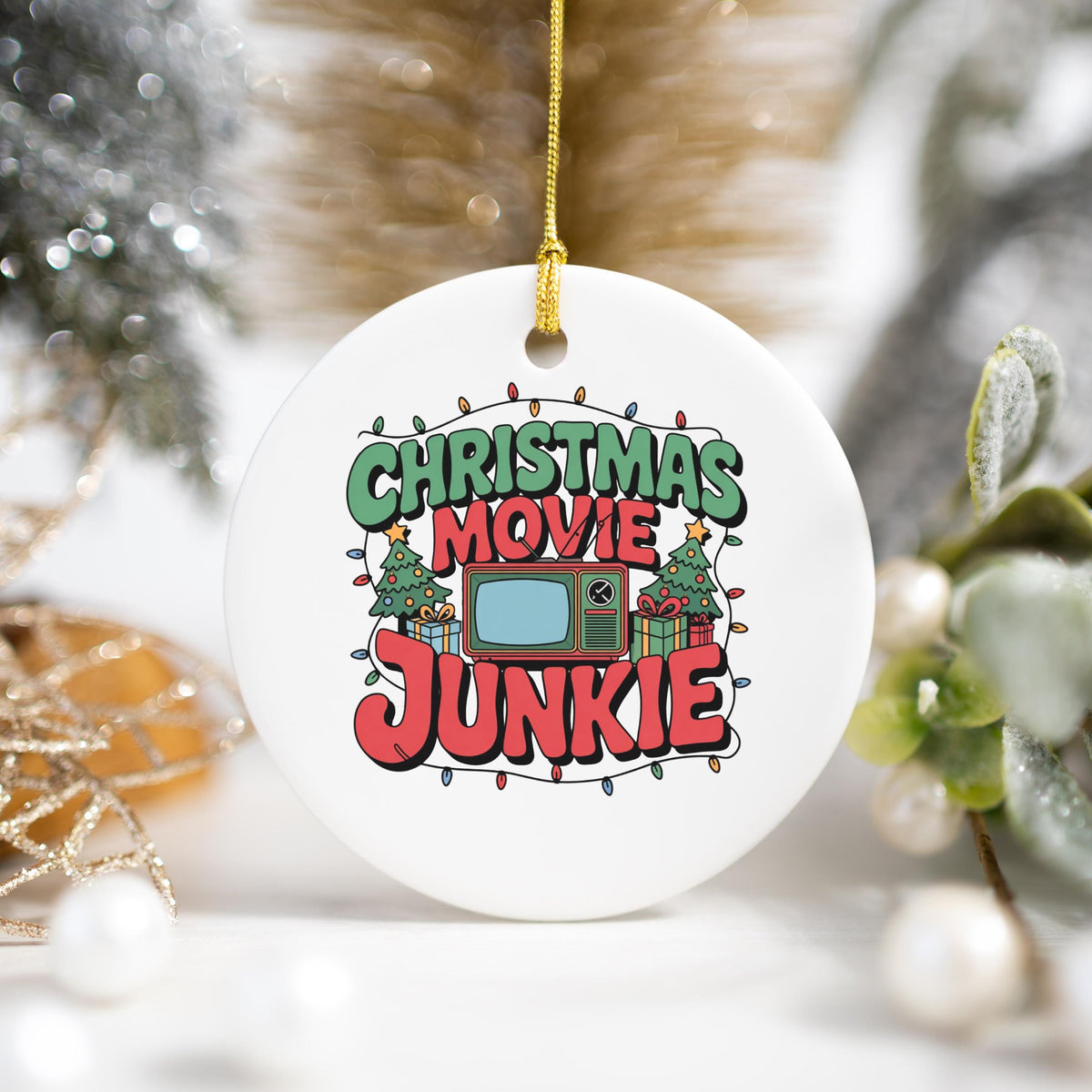 Gift for Christmas Movie Junkie Ornament Christmas Movie Lover White Elephant Gift Idea Funny Christmas Ornament for Coworker