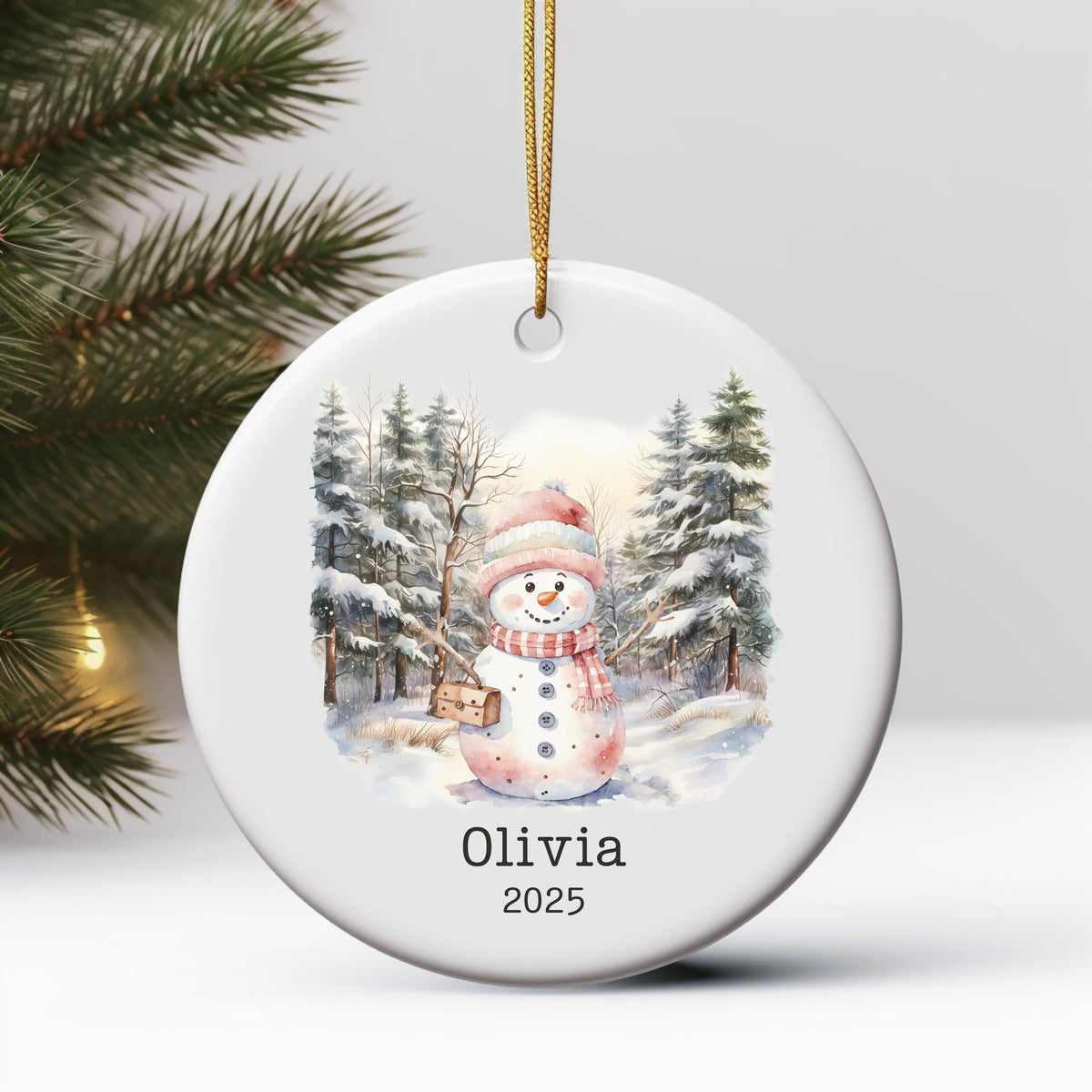 Personalized Pink Snowman Ornament Watercolor Kids Gift Ornament Custom Christmas Gift Merry Christmas Custom Name Gift Girl 