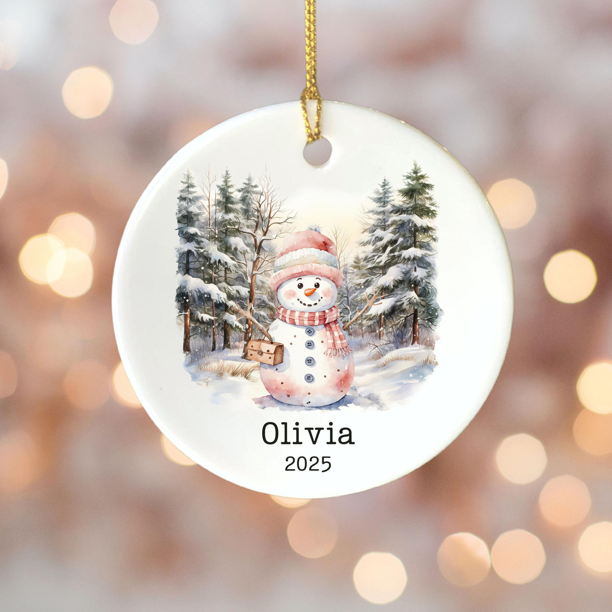 Personalized Pink Snowman Ornament Watercolor Kids Gift Ornament Custom Christmas Gift Merry Christmas Custom Name Gift Girl 