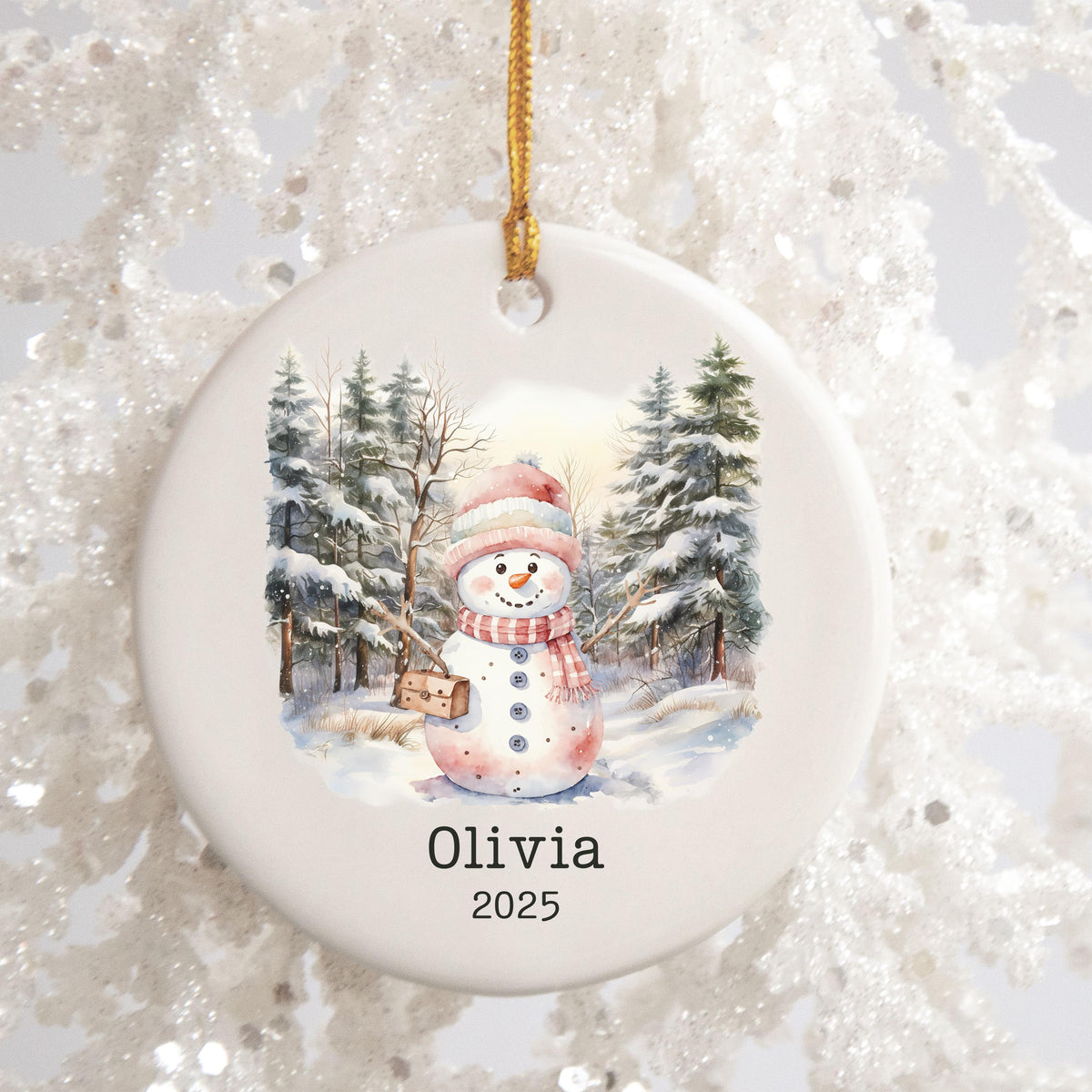 Personalized Pink Snowman Ornament Watercolor Kids Gift Ornament Custom Christmas Gift Merry Christmas Custom Name Gift Girl 