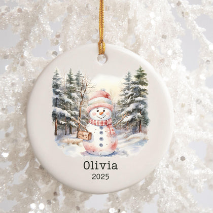 Personalized Pink Snowman Ornament Watercolor Kids Gift Ornament Custom Christmas Gift Merry Christmas Custom Name Gift Girl 
