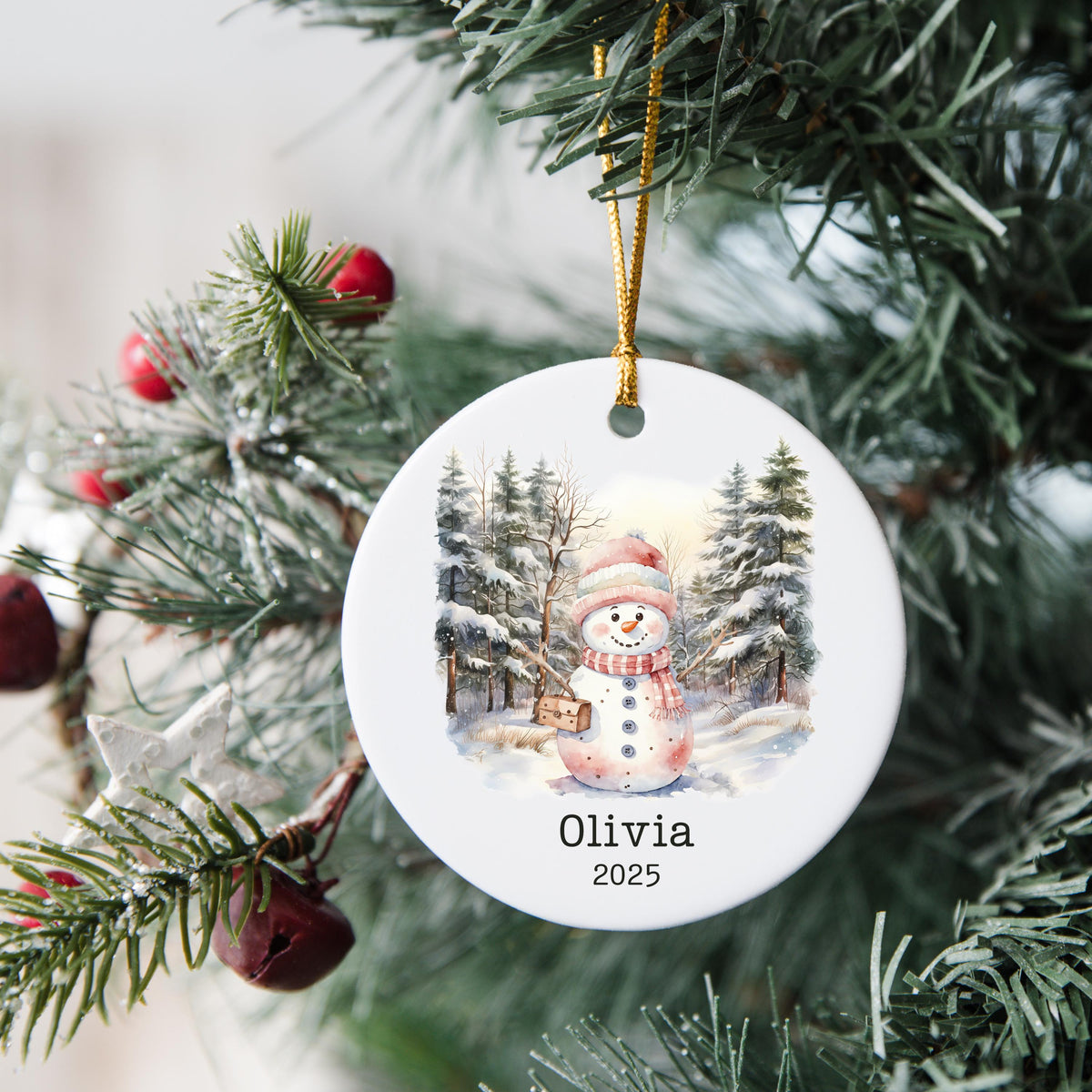 Personalized Pink Snowman Ornament Watercolor Kids Gift Ornament Custom Christmas Gift Merry Christmas Custom Name Gift Girl 