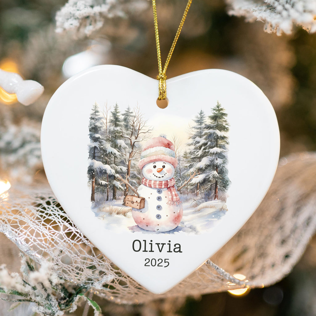 Personalized Pink Snowman Ornament Watercolor Kids Gift Ornament Custom Christmas Gift Merry Christmas Custom Name Gift Girl 
