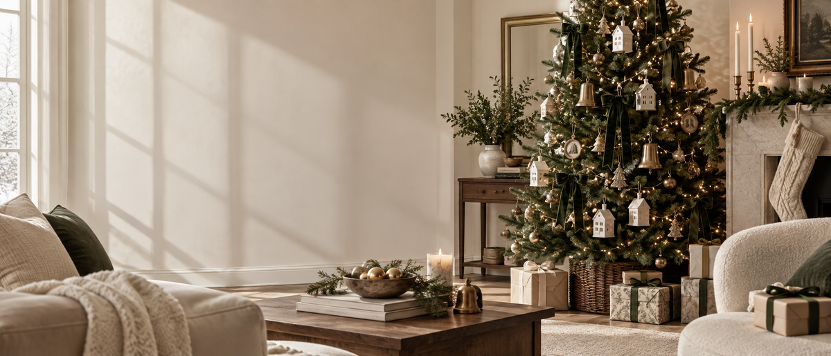 Elegant neutral Christmas living room with heirloom ornaments, evergreen ribbon, brass accents and wrapped gifts